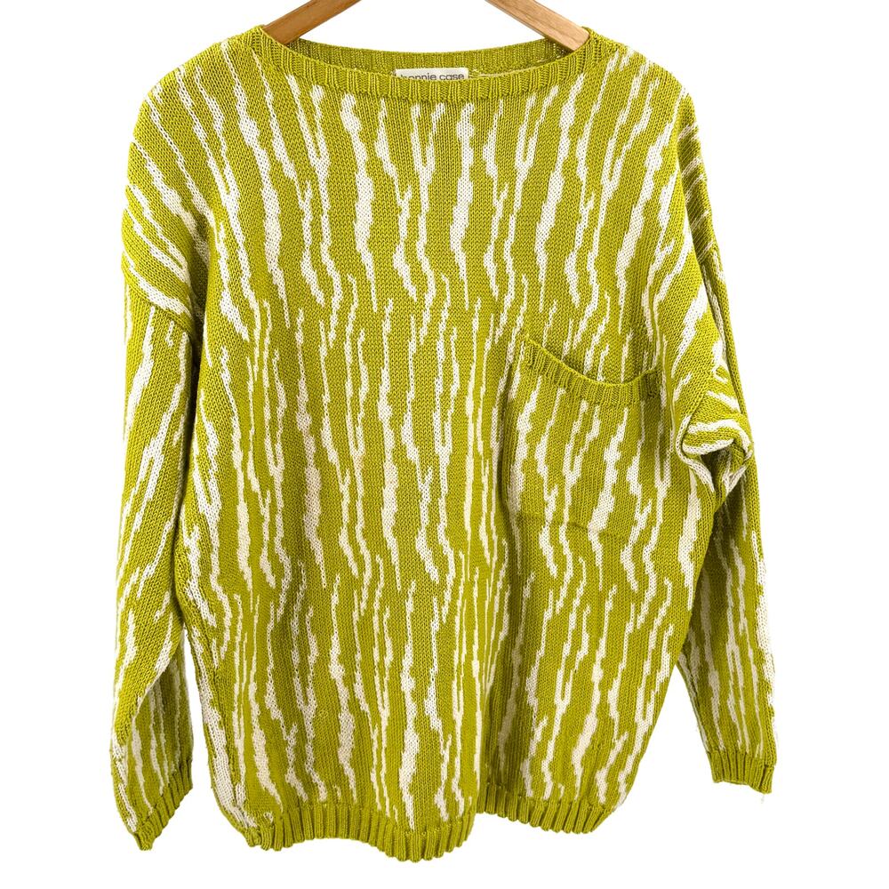 Vintage 80s Bonnie Case Green 100% Cotton Ikat Knit Pullover Sweater